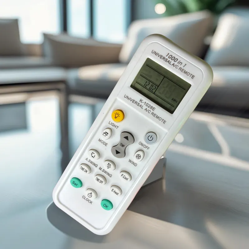 ACcleanQLD universal air conditioner remote control, front view showing buttons and LCD display